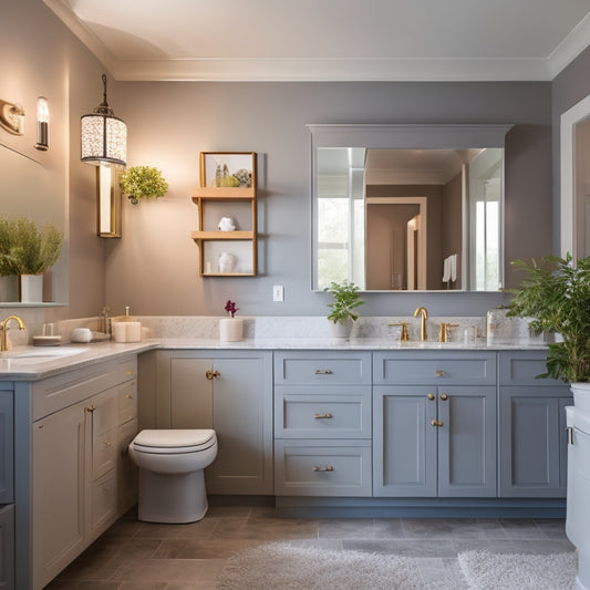 A modern bathroom with two sinks, a toilet, and three medicine cabinets above each fixture, showcasing different styles, materials, and sizes, with soft lighting and a calm color palette.