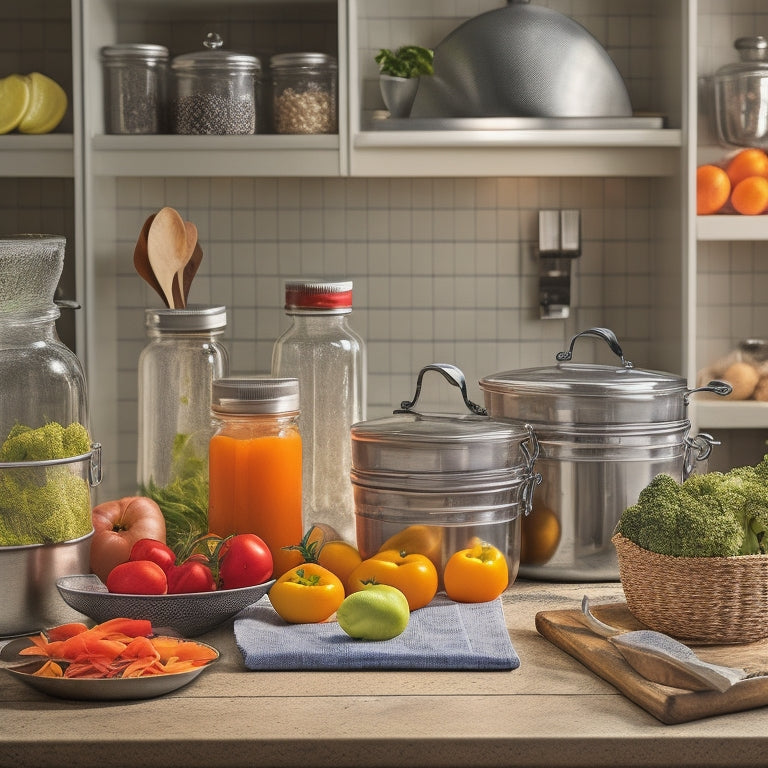 A bright, well-lit kitchen counter with a stainless steel canner, rows of freshly filled glass jars, and a few utensils like a jar lifter and lid wand, surrounded by a few fresh vegetables and a cookbook.