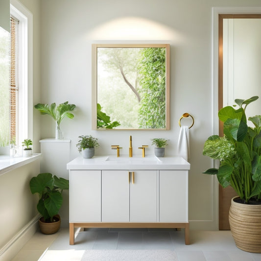A serene minimalist bathroom featuring sleek white cabinetry, a floating vanity with a simple round mirror, natural wood accents, and soft green plants, all set against a backdrop of smooth, neutral-toned tiles and soft lighting.