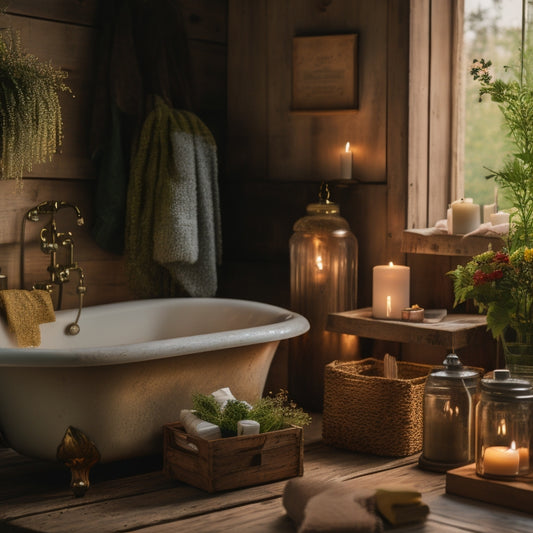 A serene bathroom scene featuring a vintage claw-foot tub, surrounded by rustic wooden crates, lush greenery, and mason jars filled with candles, flowers, and bath salts, in warm, golden lighting.