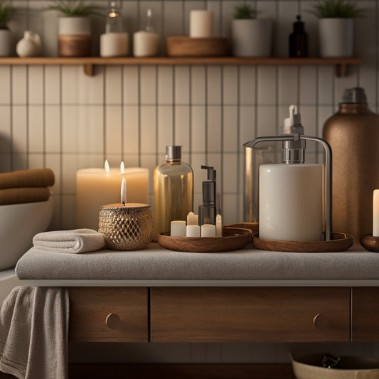 A serene bathroom scene featuring 7 distinct wooden shelves in varying styles, holding candles, towels, and decorative bottles, surrounding a freestanding tub with a subtle water mist effect.
