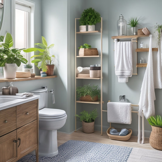 A stylish family bathroom featuring sleek over-the-toilet shelving, adorned with neatly arranged towels, decorative plants, and colorful storage baskets, complemented by soft ambient lighting and a serene color palette.