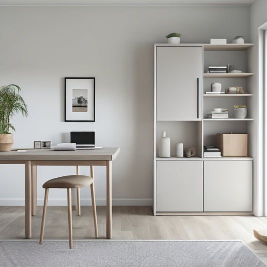 A minimalist, modern room with a sleek, white desk tucked into a corner, surrounded by floor-to-ceiling shelves, baskets, and cabinets in a soothing gray and beige palette.