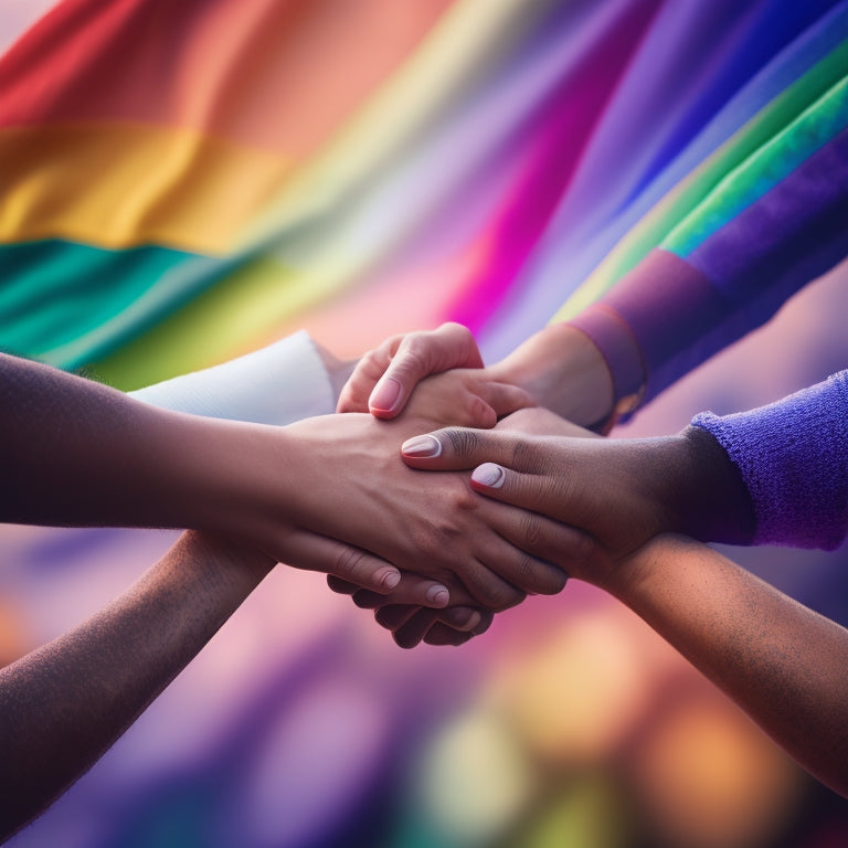 A vibrant, interconnected web of diverse hands holding each other, surrounded by rainbow hues and subtle LGBTQ+ flags, set against a warm, gradient background of sunset colors.