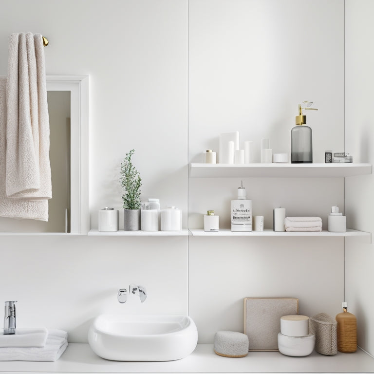 A serene white bathroom with a minimalist aesthetic, featuring three distinct wall shelves in different styles (floating, decorative, and recessed) holding toiletries and decorative objects, surrounded by soft, warm lighting.