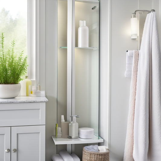 A serene bathroom with a sleek, white corner shelf storage unit featuring three tiered glass shelves, holding rolled towels, a decorative vase, and a few toiletries, against a soft gray background.