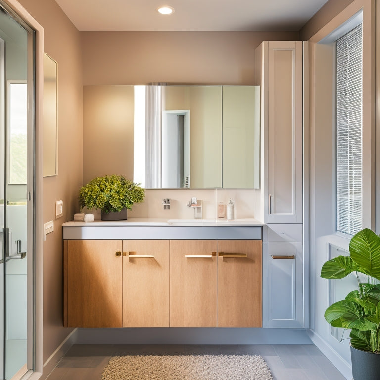 A modern bathroom with sleek, wall-mounted cabinetry, a recessed medicine cabinet with a mirrored door, and a floating vanity with a hidden storage compartment beneath the sink.