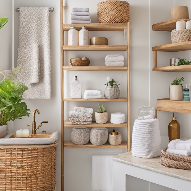 A clutter-free bathroom with a mix of floating wooden shelves, glass shelves, and woven baskets, holding rolled towels, decorative vases, and potted plants, against a soft, creamy background.