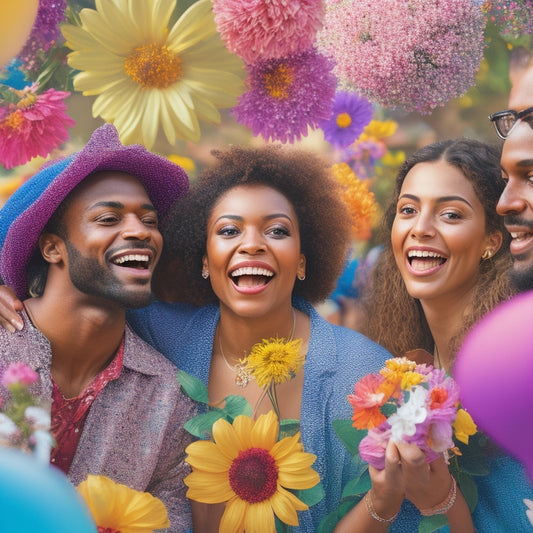 A vibrant, sunny background with interconnected circles of diverse individuals, each holding a colorful planner, surrounded by blossoming flowers, and confetti, conveying joy and unity.