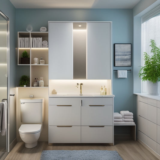 A bright, modern bathroom with a wall-mounted cabinet featuring sliding glass doors, a recessed medicine cabinet with LED lighting, and a sleek, floor-to-ceiling storage unit with adjustable shelves.