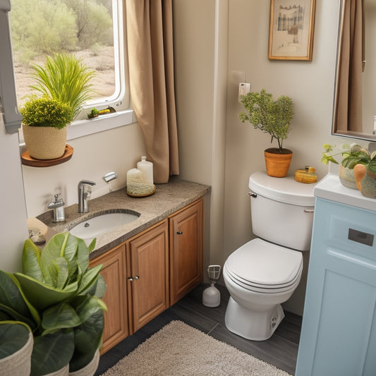 A serene RV bathroom with a tidy shower, a toilet with a decorative toilet seat cover, and a compact sink with a small potted plant on the counter, surrounded by minimalist decor.