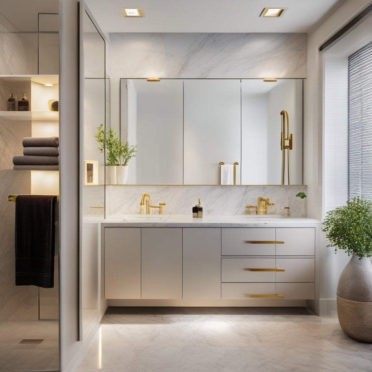 A sleek, modern bathroom with a floor-to-ceiling cabinet featuring adjustable shelves, soft-close drawers, and a built-in LED light strip, set against a backdrop of marble tiles and a freestanding tub.
