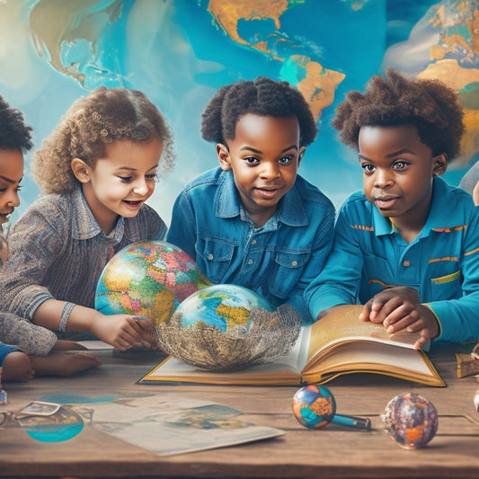 A vibrant illustration of a diverse group of children on a treasure hunt, surrounded by open books, globes, and curious objects, set against a bright, sunny background with a subtle world map pattern.