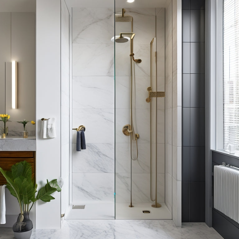 A sleek, modern bathroom with a compact shower storage unit featuring multiple shelves, a soap dish, and a rainfall showerhead, surrounded by marble walls and a floor-to-ceiling glass enclosure.