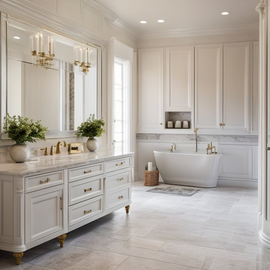 A serene, spacious master bathroom with large format marble tiles, a freestanding tub, and a wall-mounted vanity featuring soft-close drawers and a recessed medicine cabinet.