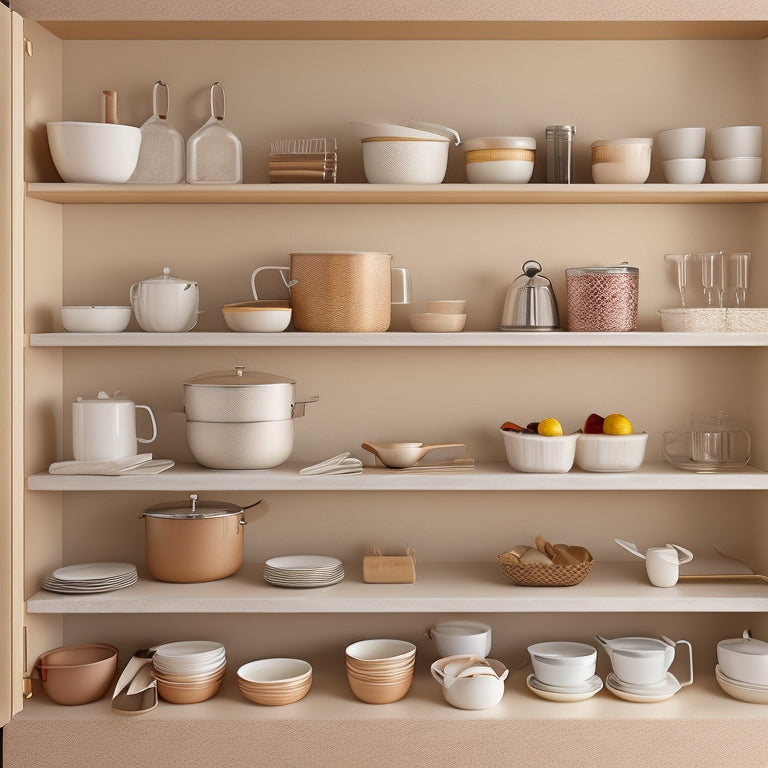 A modern kitchen cabinet with soft-close drawers, featuring four custom sliding shelves in various sizes, filled with neatly arranged cookbooks, kitchen utensils, and ceramic dinnerware, against a warm beige background.