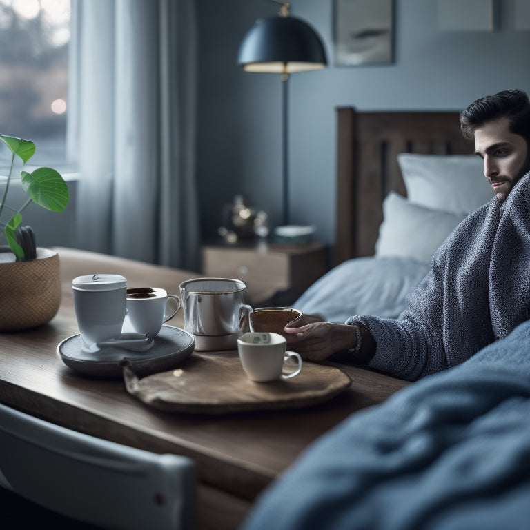 A serene morning scene: a calm person sitting cross-legged on a tidy bed, surrounded by a neatly organized nightstand, with a steaming cup of coffee and a smartphone displaying a scheduling app.