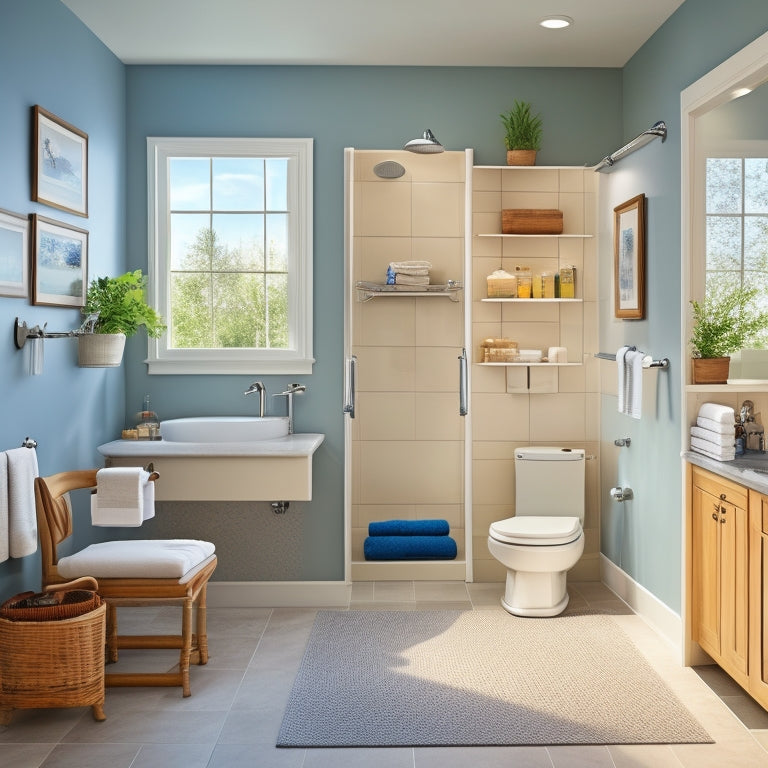 A serene, well-lit bathroom with a wheelchair-accessible sink, a roll-in shower with grab bars, and a wall-mounted, fold-down shower seat, surrounded by storage solutions like recessed shelves and slide-out cabinets.