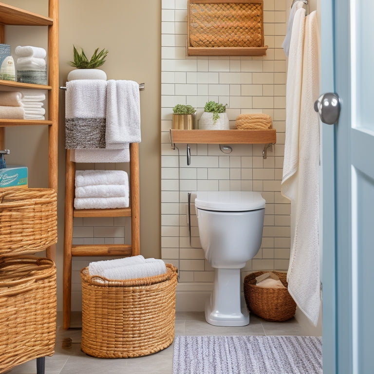 A clutter-free bathroom with a shower caddy made from a repurposed tension rod, a woven basket storing toilet paper rolls, and a DIY shelf created from reclaimed wood above the sink.