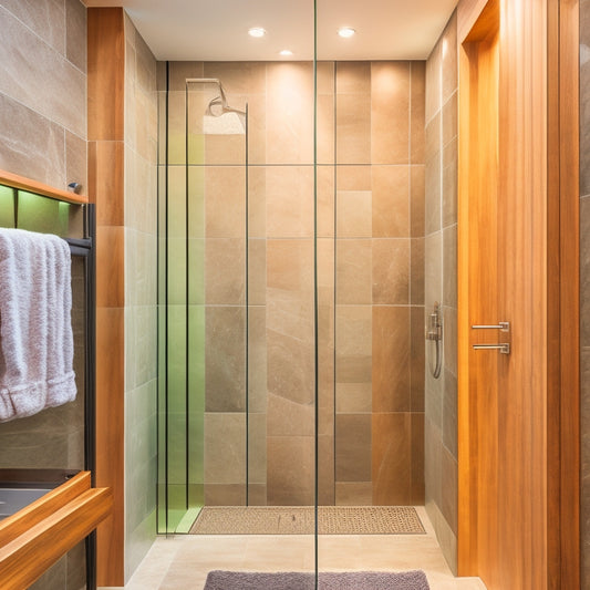 A serene, modern shower interior featuring a large, frameless glass enclosure, rainfall showerhead, sleek chrome fixtures, gray marble walls, and a recessed LED light strip above a teak wood bench.