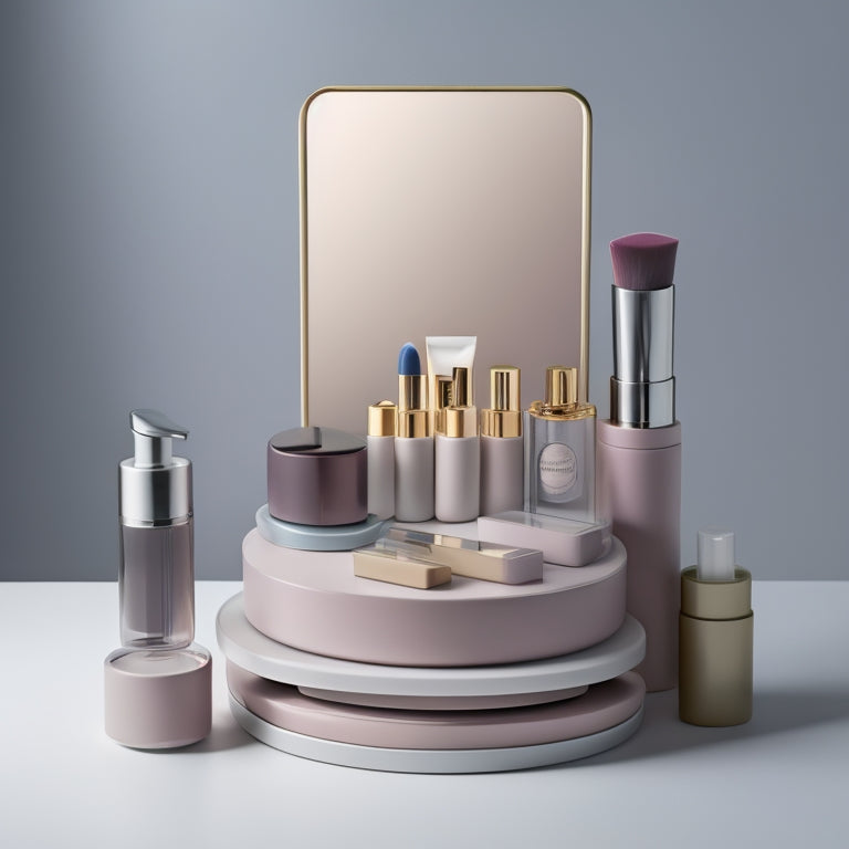 A tidy, minimalist vanity with a rotating makeup organizer, containing neatly arranged eyeshadow palettes, lipsticks, and foundation bottles, set against a soft, pale gray background.