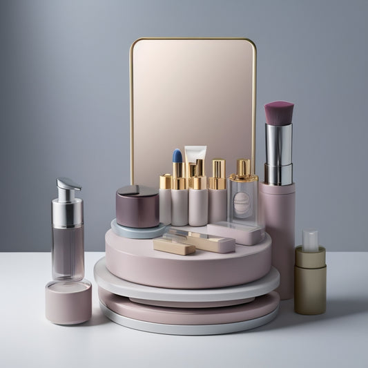 A tidy, minimalist vanity with a rotating makeup organizer, containing neatly arranged eyeshadow palettes, lipsticks, and foundation bottles, set against a soft, pale gray background.
