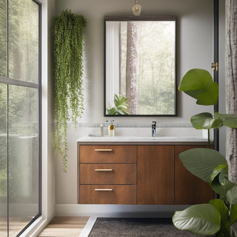 A sleek, modern bathroom with a mirrored cabinet featuring a reclaimed wood frame, surrounded by lush greenery, with a subtle reflection of a leafy branch in the mirror's surface.