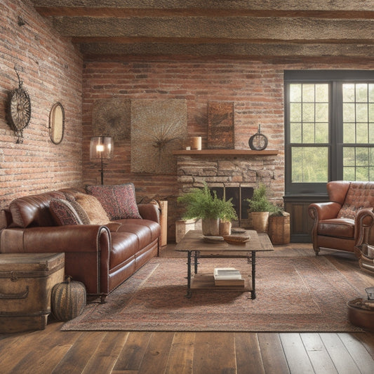 A rustic-chic living room with exposed brick walls, featuring Blazed Barnwood Vinyl Plank flooring, surrounded by vintage decorative items and warm lighting, evoking a cozy, countryside ambiance.