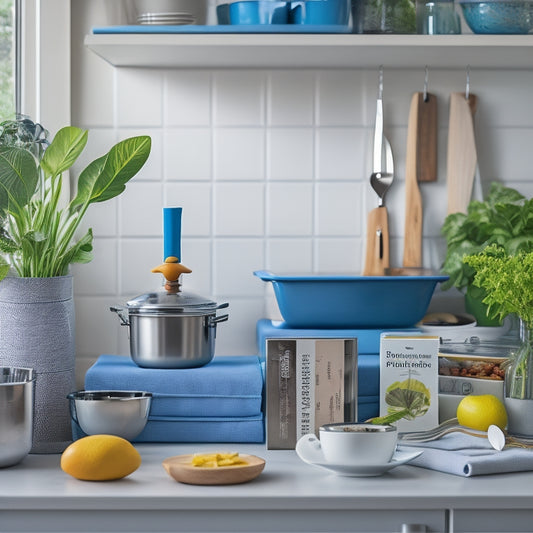 A cluttered kitchen countertop with scattered kitchen utensils, appliances, and cookbooks, contrasted with a clean and organized section featuring a sleek countertop organizer with a built-in utensil holder and a small potted plant.