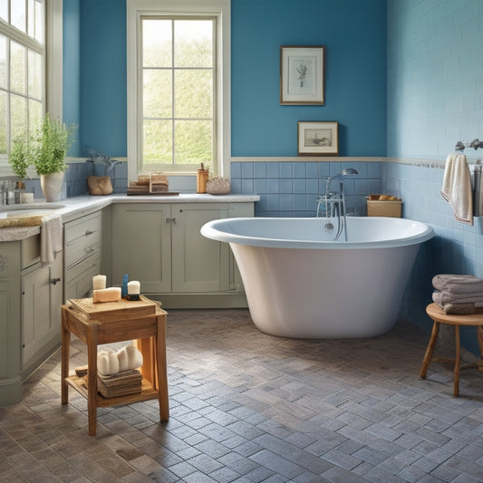 A serene bathroom scene with a partially completed renovation: a freestanding tub, floor tiles half-laid, a wall-mounted sink, and a plumber's toolbox, surrounded by scattered renovation plans and materials.