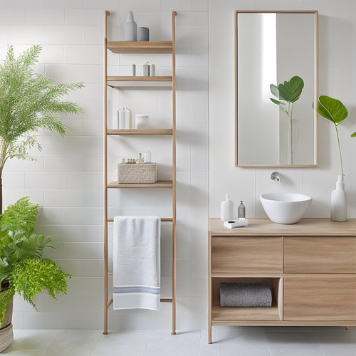 A sleek, modern bathroom featuring a minimalist open-shelf cabinet in natural wood, adorned with lush greenery, elegant ceramic containers, and neatly folded towels, all set against a backdrop of soft, neutral-toned walls.