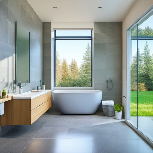A modern bathroom with a freestanding tub, surrounded by large format grey tiles, and a floor-to-ceiling window with a minimalist shower area and a sleek, wall-mounted sink.