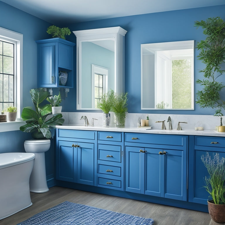 A serene bathroom scene featuring five modern blue bathroom wall cabinets with varying shapes and sizes, surrounded by gleaming white countertops, sleek fixtures, and lush greenery.