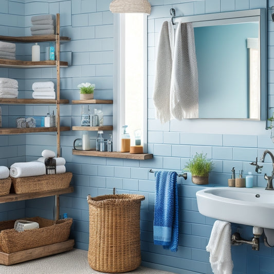 A visually appealing, well-lit bathroom with a mix of repurposed and DIY storage solutions, including mason jars, woven baskets, and a reclaimed wood shelf, against a calming, soft-blue background.