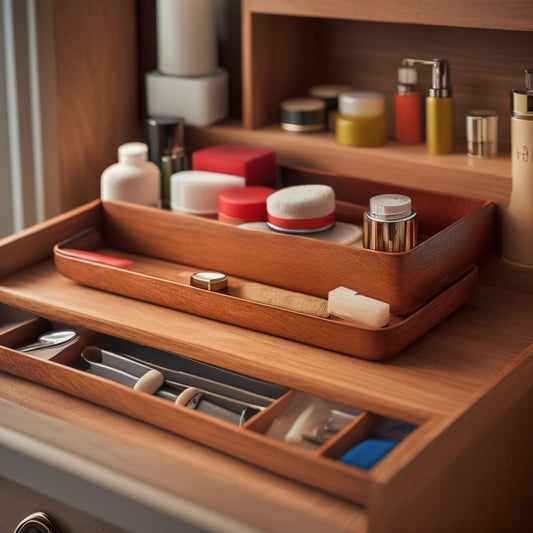 A tidy bathroom drawer with multiple compartments, each containing neatly arranged toiletries, cosmetics, and grooming tools, illuminated by soft, warm lighting and adorned with a subtle, natural wood grain background.