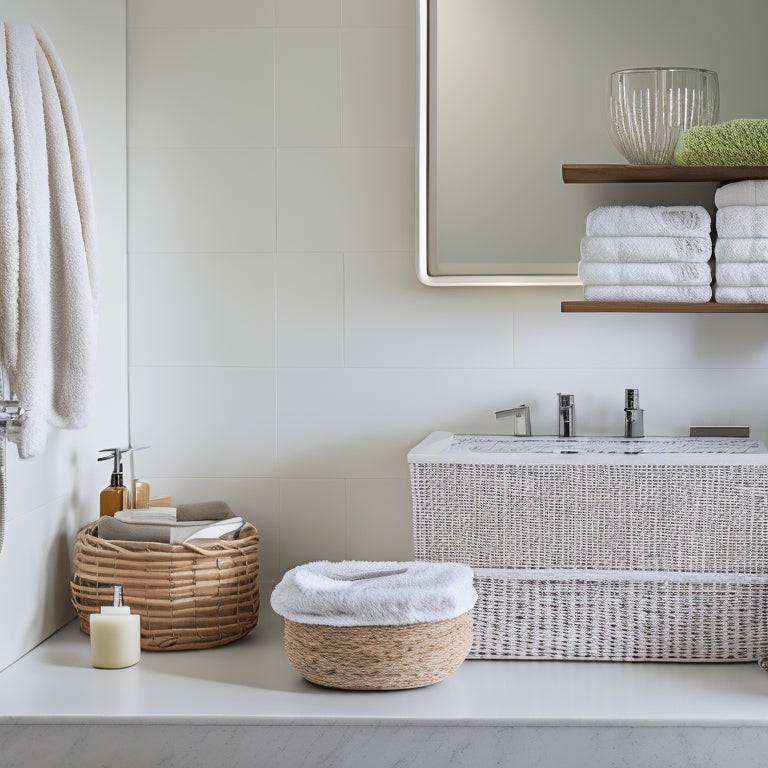 A serene bathroom with a minimalist floating vanity, a few neatly arranged toiletries on a sleek shelf, and a woven basket containing rolled towels, set against a calming light gray background.