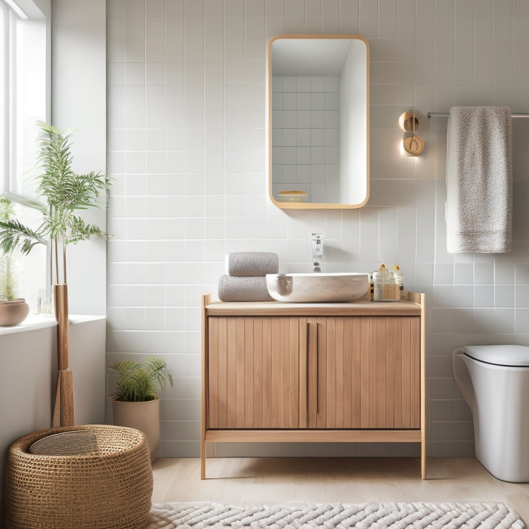 Generate an image of a serene, modern bathroom with a minimalist aesthetic, featuring a sleek, wall-mounted cabinet, a tidy countertop, and a few strategically placed woven baskets.