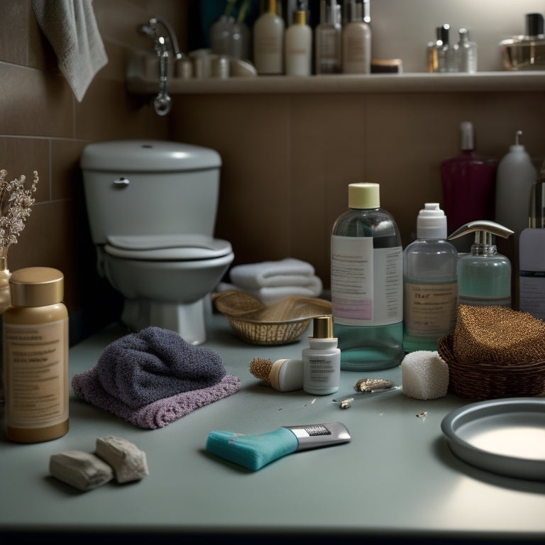 A cluttered bathroom countertop with scattered toiletries, tangled hair accessories, and expired beauty products, surrounded by dusty decorative items and a worn-out bathroom trash can in the background.