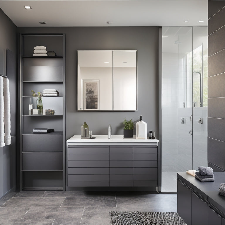 A sleek, modern bathroom with a stainless steel organizer system, featuring retractable shelves, polished chrome accents, and a built-in mirror, set against a backdrop of dark gray walls and sleek flooring.