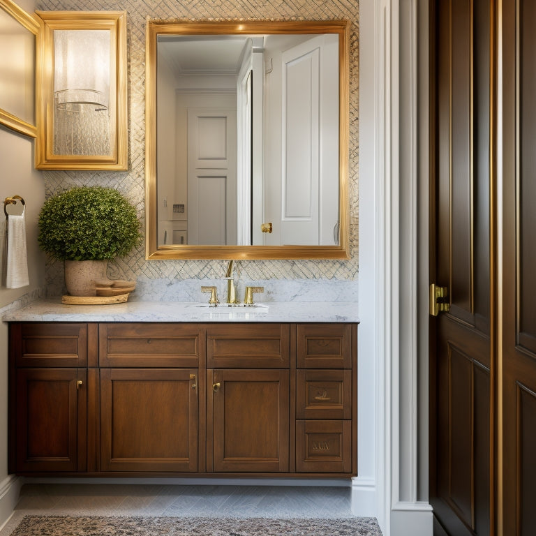 A modern bathroom with a wall-mounted medicine cabinet featuring a large mirrored door, intricate wood trim, and ornate hardware, surrounded by sleek countertops and a minimalist sink.