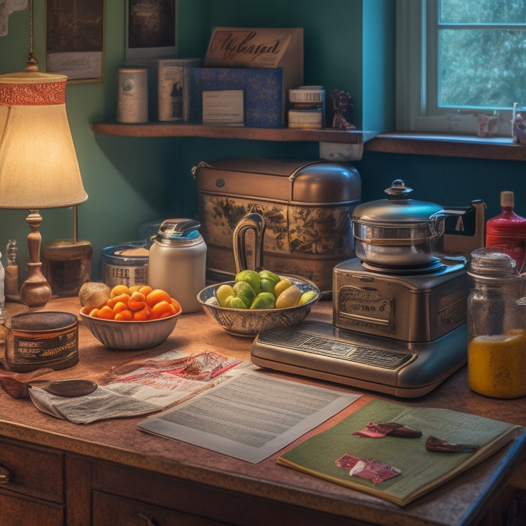 A cluttered, dimly lit kitchen counter with a vintage Hobart K5-A mixer in the center, surrounded by scattered papers, torn-apart cookbooks, and a single, worn-out glove.