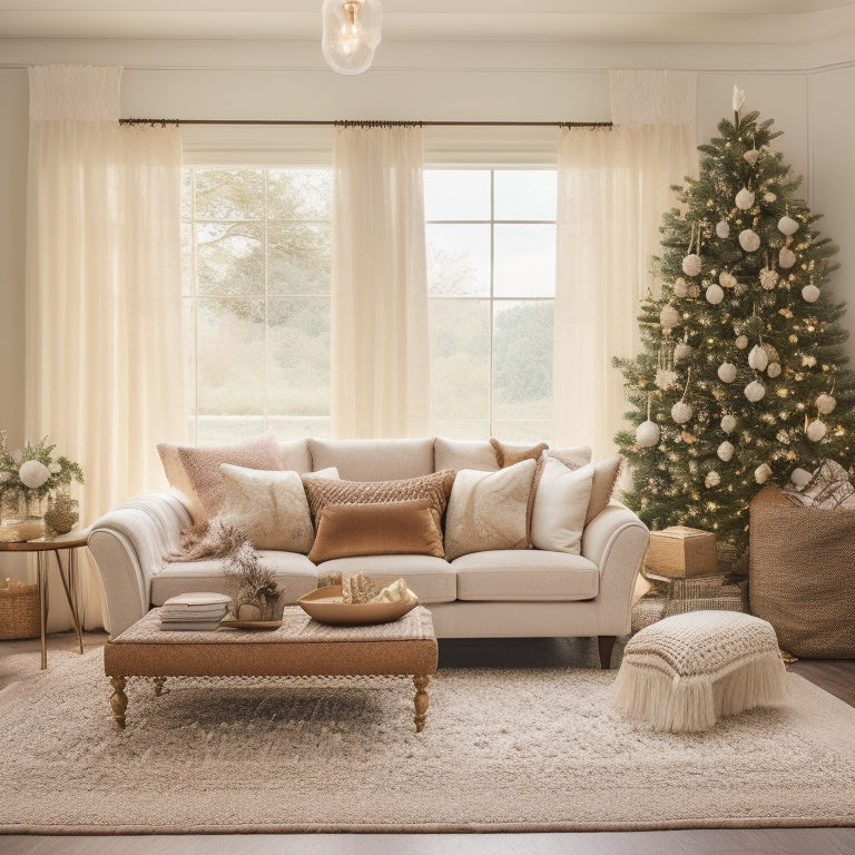 A serene holiday living room scene featuring a plush sectional sofa adorned with delicate, ivory-hued bows and surrounded by bohemian decor, including a macrame wall hanging and a vintage Moroccan rug.