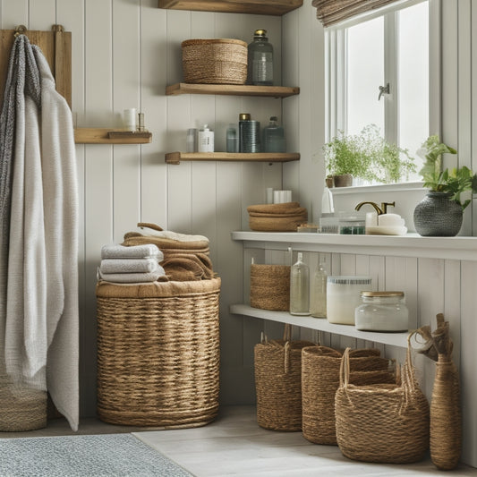 A serene bathroom with three shelves of varying depths, each adorned with woven baskets, glass jars, and decorative containers, showcasing a mix of modern and rustic storage solutions.