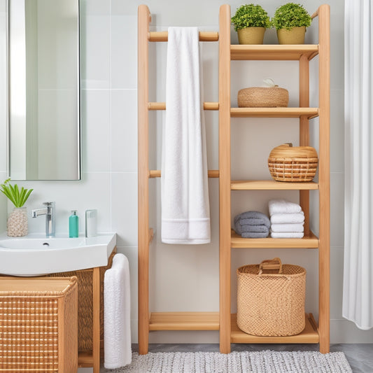 A compact, sleek bamboo shelving unit in a small bathroom, with rolled towels and a few decorative items on each tier, nestled between a white sink and a glass shower door.