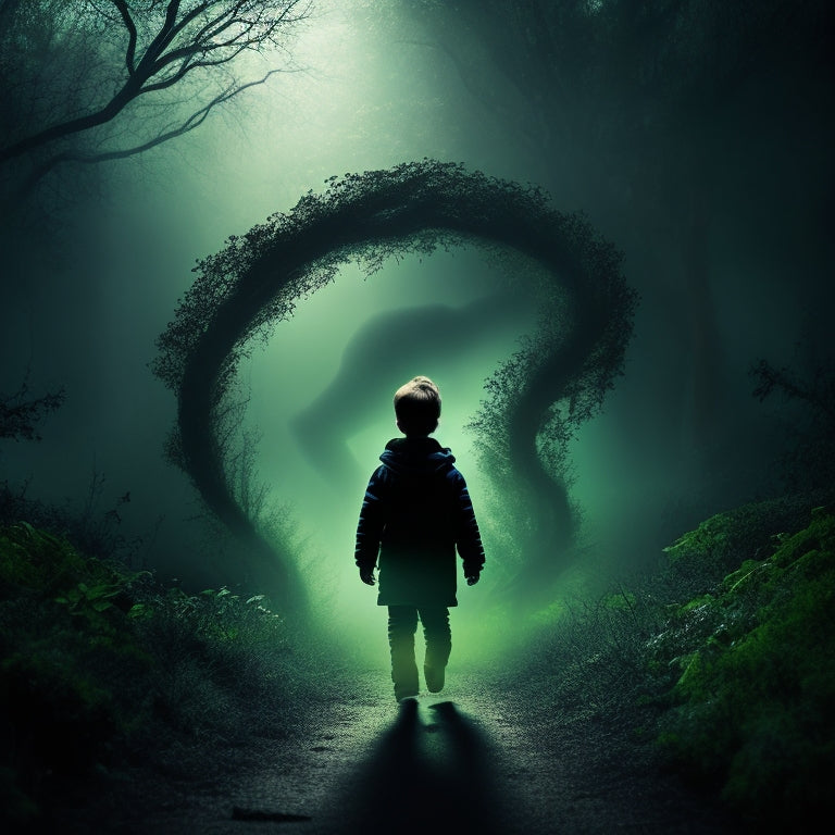 A haunting illustration of a vulnerable child's silhouette, surrounded by swirling, dark tendrils and sickly green mist, with a subtle, eerie glow emanating from their stomach area.