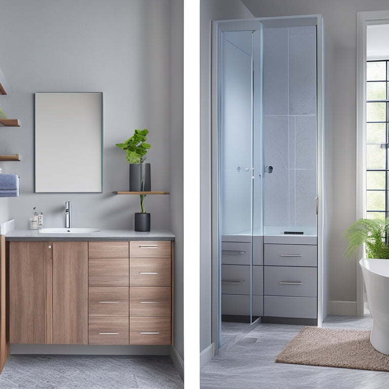 A sleek, modern bathroom with three wall-mounted medicine cabinets in different styles: a recessed cabinet with a mirrored door, a compact cabinet with a wooden frame, and a cabinet with a frosted glass front.
