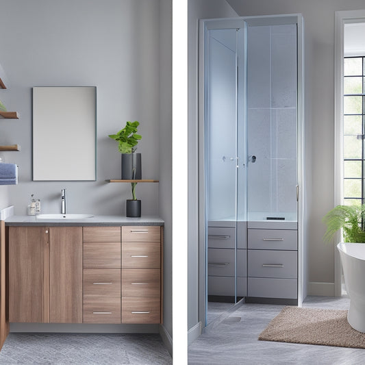 A sleek, modern bathroom with three wall-mounted medicine cabinets in different styles: a recessed cabinet with a mirrored door, a compact cabinet with a wooden frame, and a cabinet with a frosted glass front.