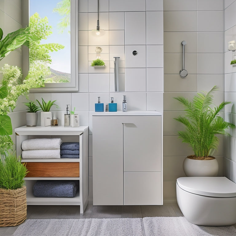 A sleek, modern bathroom showcasing a compact, rotating storage unit filled with neatly organized toiletries, colorful towels, and small plants. Soft lighting highlights the functionality and elegance of space-saving design in a serene atmosphere.