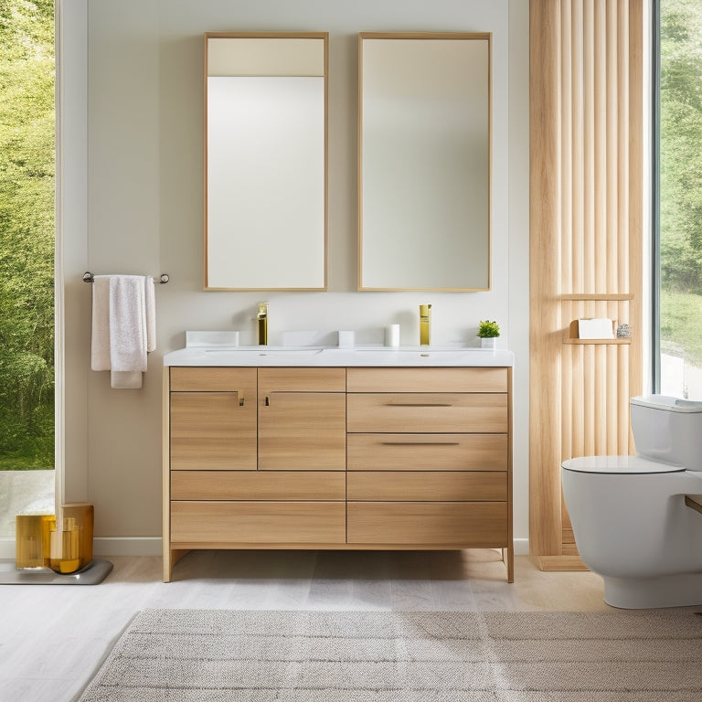 A modern bathroom with a sleek, white vanity featuring a sliding drawer with a soft-close mechanism, surrounded by a mix of open and closed storage units in a warm, honey-toned wood.