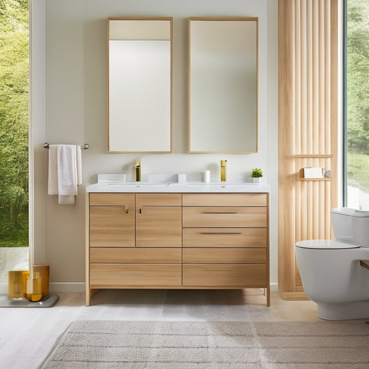 A modern bathroom with a sleek, white vanity featuring a sliding drawer with a soft-close mechanism, surrounded by a mix of open and closed storage units in a warm, honey-toned wood.